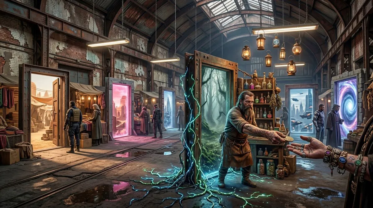 The Doors Market — portals bolted to concrete, commerce across realities