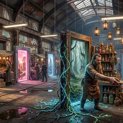 The Doors Market — portals bolted to concrete, commerce across realities