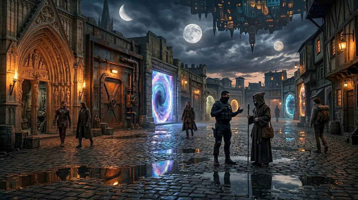 The Nexus — mismatched doorways, impossible sky, just another evening