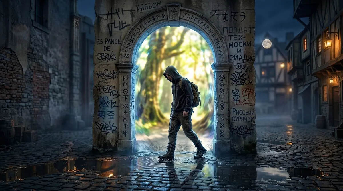 The Threshold — graffiti-covered arch between worlds